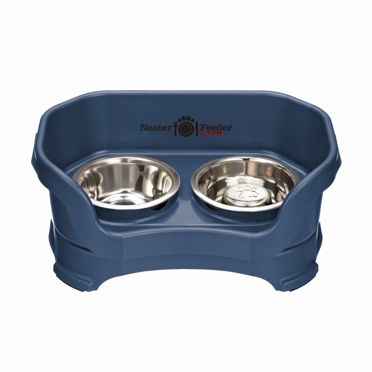Dark Blue SMALL DELUXE Neater Feeder with Stainless Steel Slow Feed Bowl and stainless steel water bowl against a white background.