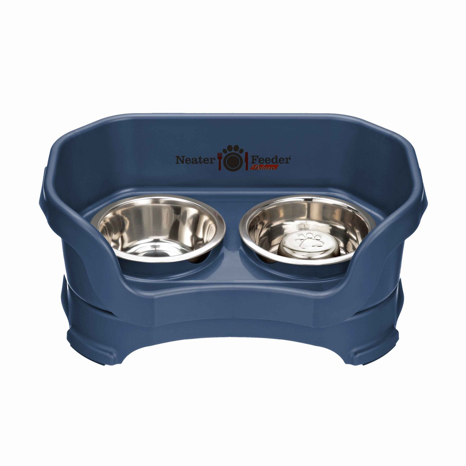 Dark Blue SMALL DELUXE Neater Feeder with Stainless Steel Slow Feed Bowl and stainless steel water bowl against a white background.