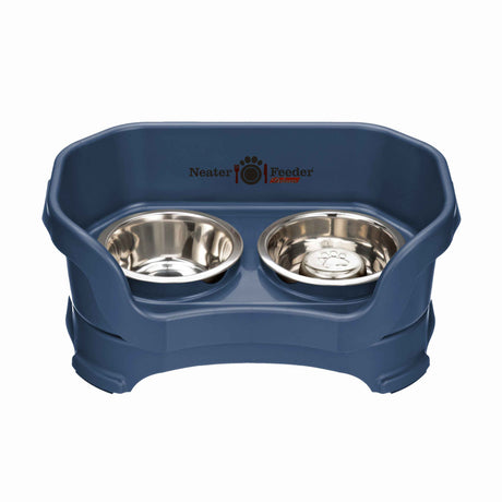 Dark Blue SMALL DELUXE Neater Feeder with Stainless Steel Slow Feed Bowl and stainless steel water bowl against a white background.
