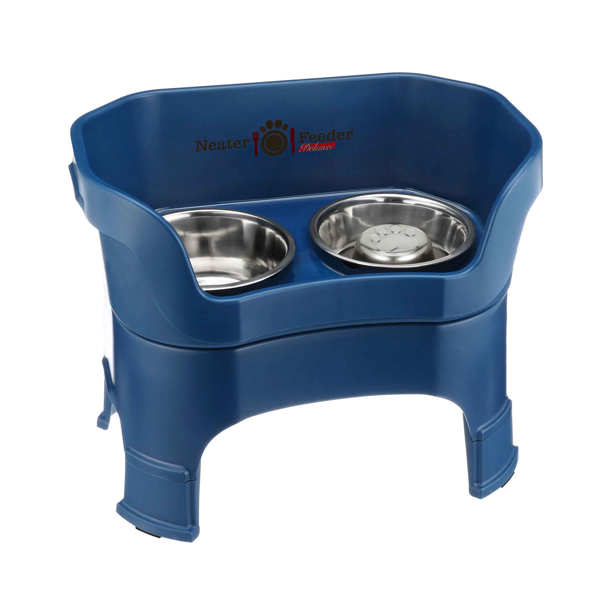 Dark Blue large DELUXE Neater Feeder with Stainless Steel Slow Feed Bowl with leg extensions and stainless steel water bowl against a white background.