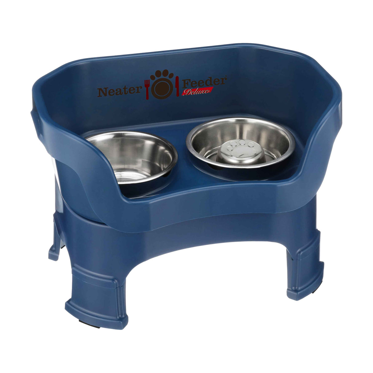 Dark Blue medium DELUXE Neater Feeder with Stainless Steel Slow Feed Bowl with leg extensions and stainless steel water bowl against a white background.