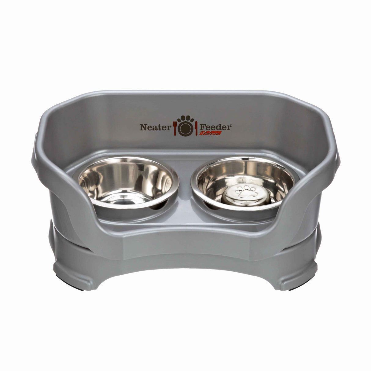 Gunmetal SMALL DELUXE Neater Feeder with Stainless Steel Slow Feed Bowl and stainless steel water bowl against a white background.