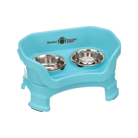 Aquamarine SMALL DELUXE LE Neater Feeder with Stainless Steel Slow Feed Bowl and stainless steel water bowl against a white background.