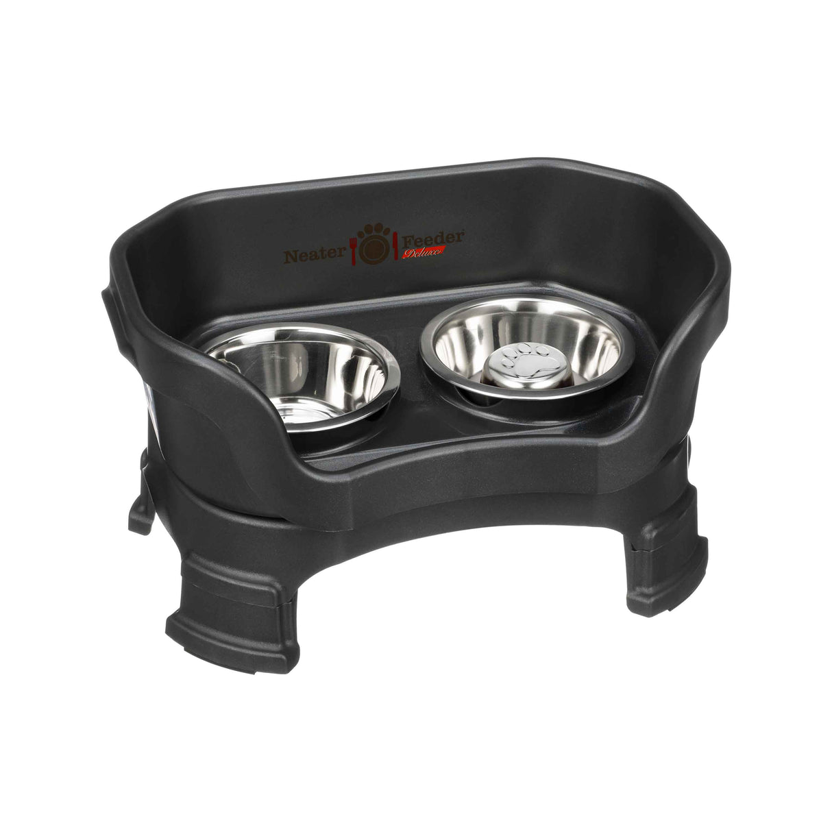 Midnight Black SMALL DELUXE LE Neater Feeder with Stainless Steel Slow Feed Bowl and stainless steel water bowl against a white background.