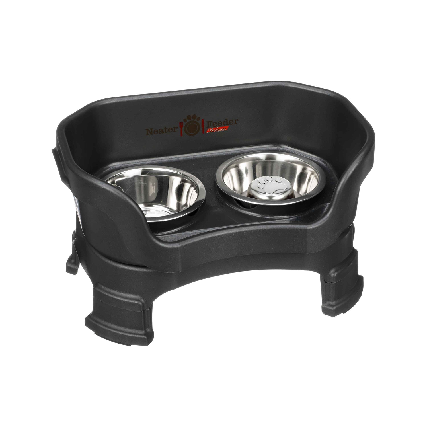 Midnight Black SMALL DELUXE LE Neater Feeder with Stainless Steel Slow Feed Bowl and stainless steel water bowl against a white background.