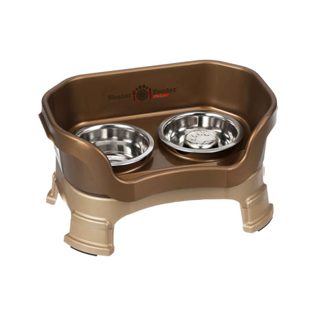 Bronze SMALL DELUXE LE Neater Feeder with Stainless Steel Slow Feed Bowl and stainless steel water bowl against a white background.