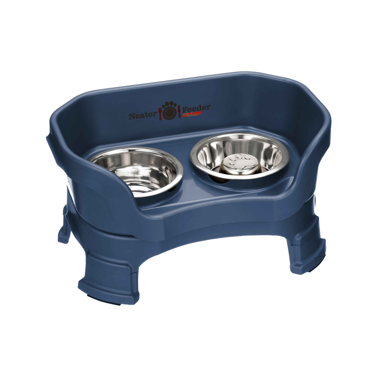 Dark Blue SMALL DELUXE LE Neater Feeder with Stainless Steel Slow Feed Bowl and stainless steel water bowl against a white background.