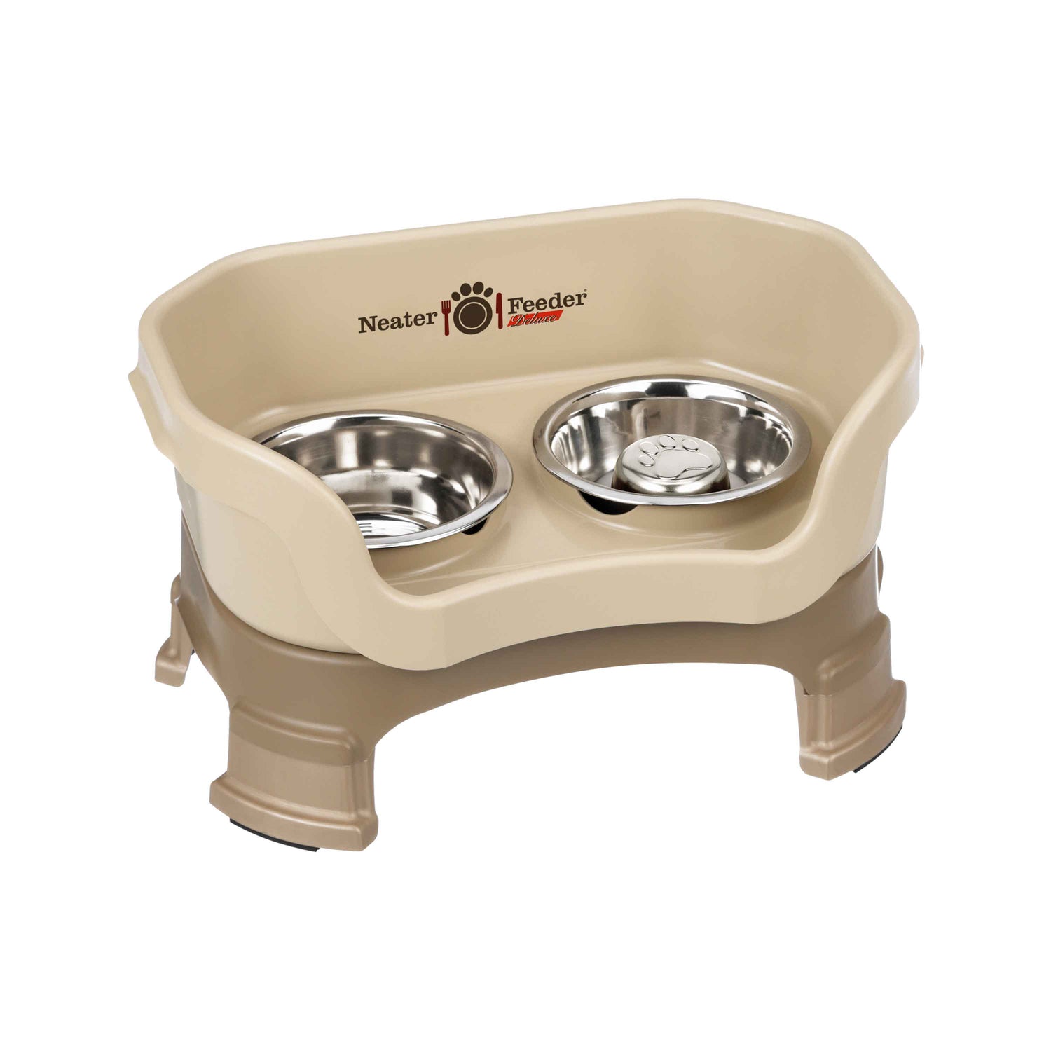 Cappuccino SMALL DELUXE LE Neater Feeder with Stainless Steel Slow Feed Bowl and stainless steel water bowl against a white background.