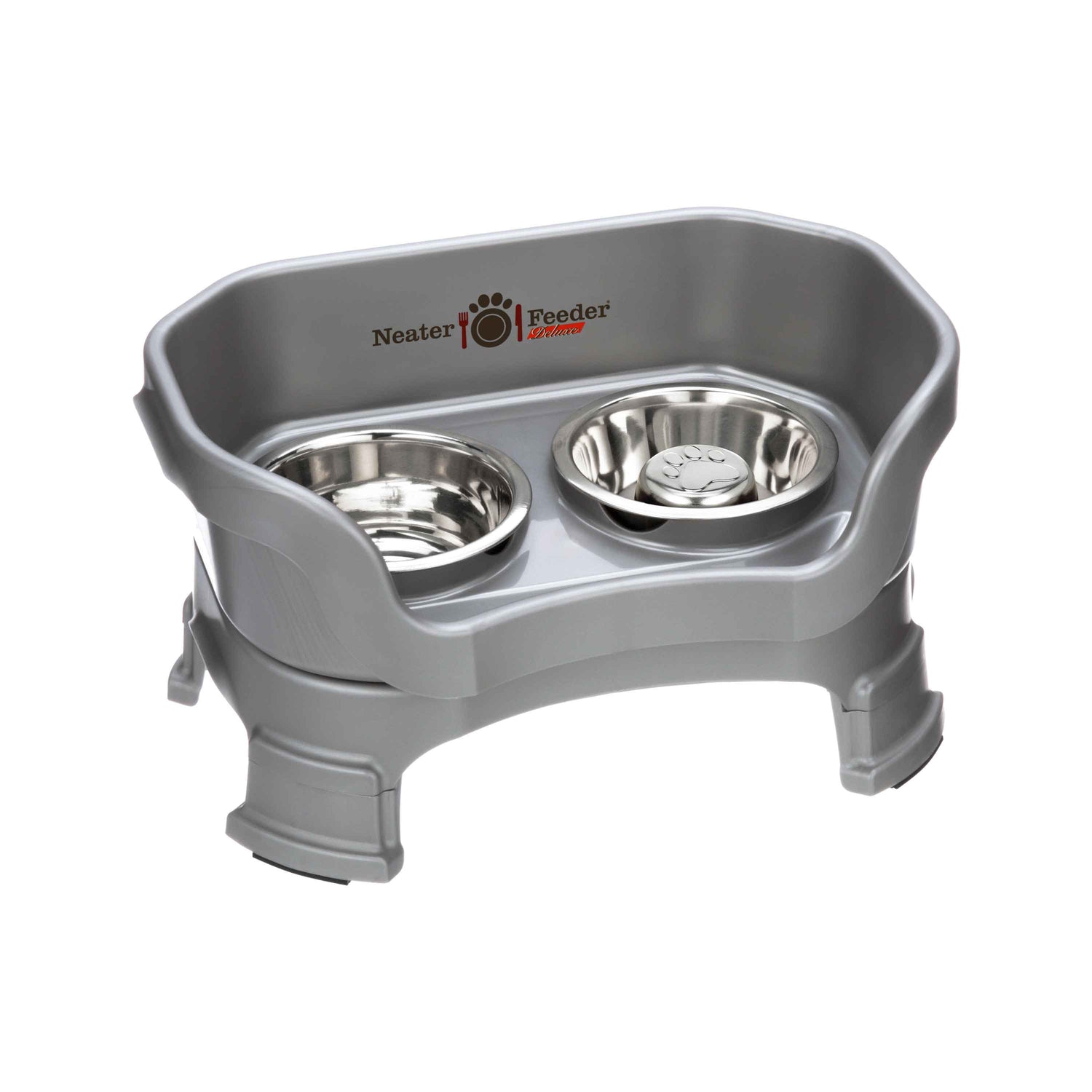 Gunmetal SMALL DELUXE LE Neater Feeder with Stainless Steel Slow Feed Bowl and stainless steel water bowl against a white background.