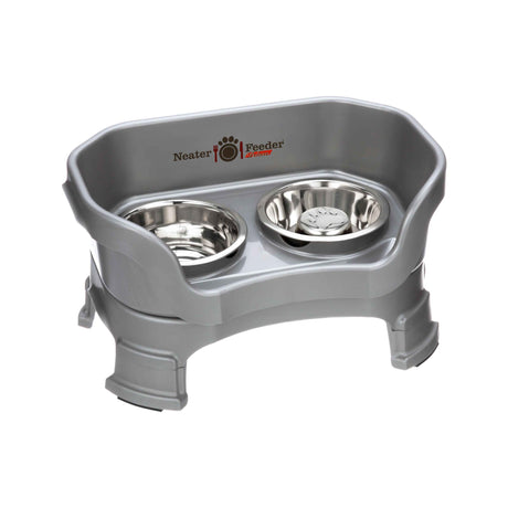 Gunmetal SMALL DELUXE LE Neater Feeder with Stainless Steel Slow Feed Bowl and stainless steel water bowl against a white background.