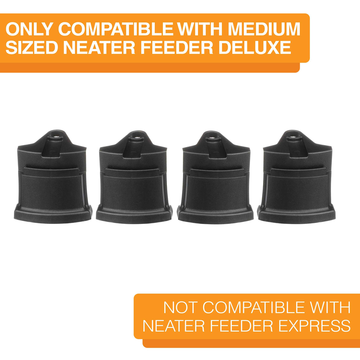 Medium Neater Feeder Deluxe Midnight black Leg Extensions lined up on a white background. Text on screen reads: Only compatible with medium sized Neater Feeder Deluxe. Not compatible with Neater Feeder Express.