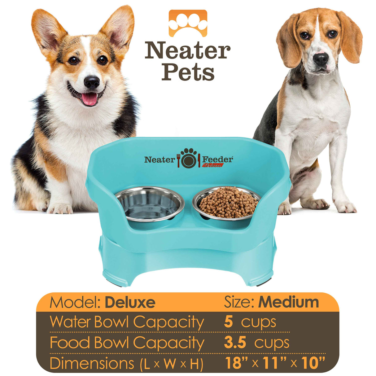 A chart displaying the Deluxe medium bowl capacity and dimensions, with two medium size dogs on either side of the chart.