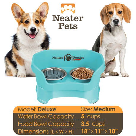 A chart displaying the Deluxe medium bowl capacity and dimensions, with two medium size dogs on either side of the chart.