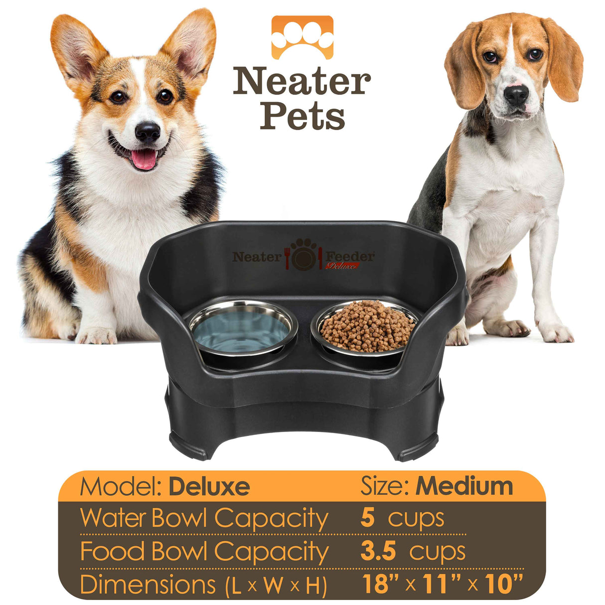 A chart displaying the Deluxe medium bowl capacity and dimensions, with two medium size dogs on either side of the chart.