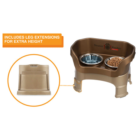 The Neater Feeder Deluxe medium with a close-up of the leg extensions that are included.