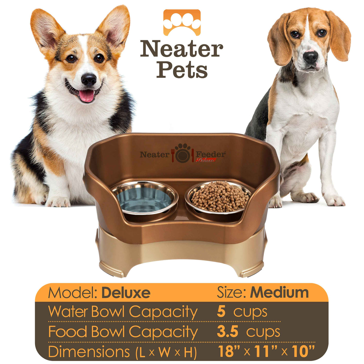 A chart displaying the Deluxe medium bowl capacity and dimensions, with two medium size dogs on either side of the chart.