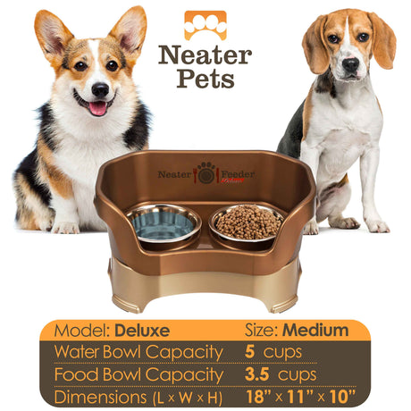 A chart displaying the Deluxe medium bowl capacity and dimensions, with two medium size dogs on either side of the chart.