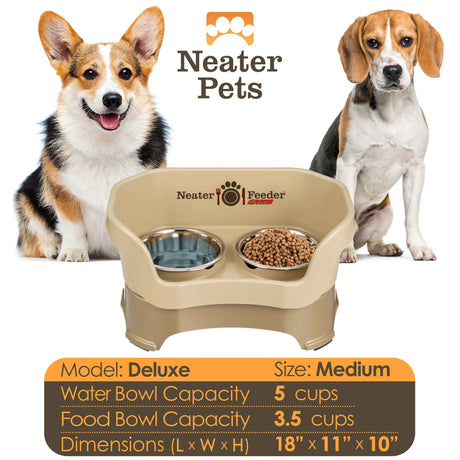 A chart displaying the Deluxe medium bowl capacity and dimensions, with two medium size dogs on either side of the chart.