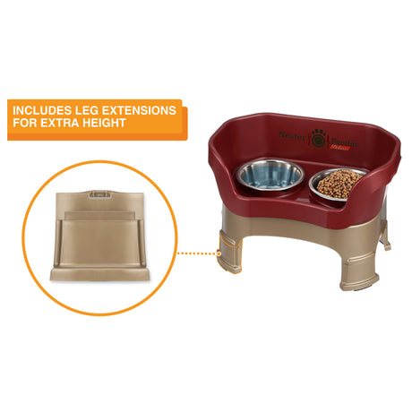 The Neater Feeder Deluxe medium with a close-up of the leg extensions that are included.