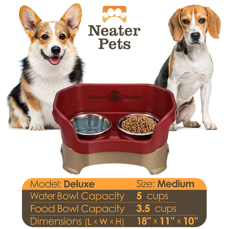 A chart displaying the Deluxe medium bowl capacity and dimensions, with two medium size dogs on either side of the chart.