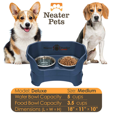 A chart displaying the Deluxe medium bowl capacity and dimensions, with two medium size dogs on either side of the chart.
