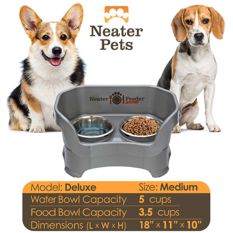 A chart displaying the Deluxe medium bowl capacity and dimensions, with two medium size dogs on either side of the chart.
