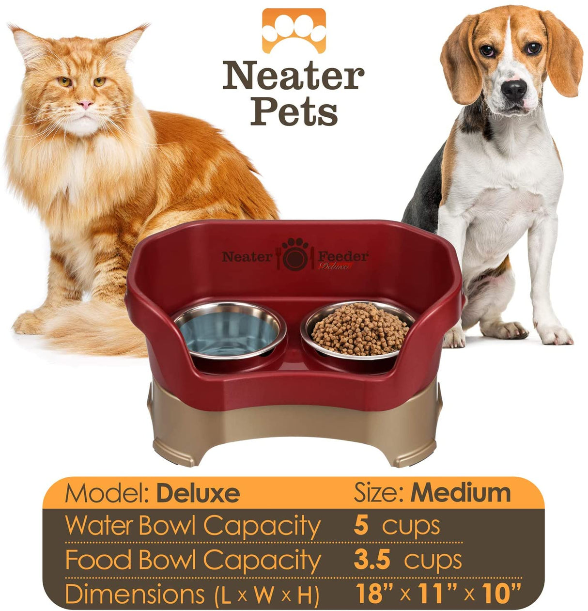 A chart displaying the Deluxe medium bowl capacity and dimensions, with a medium-sized dog next to the chart.