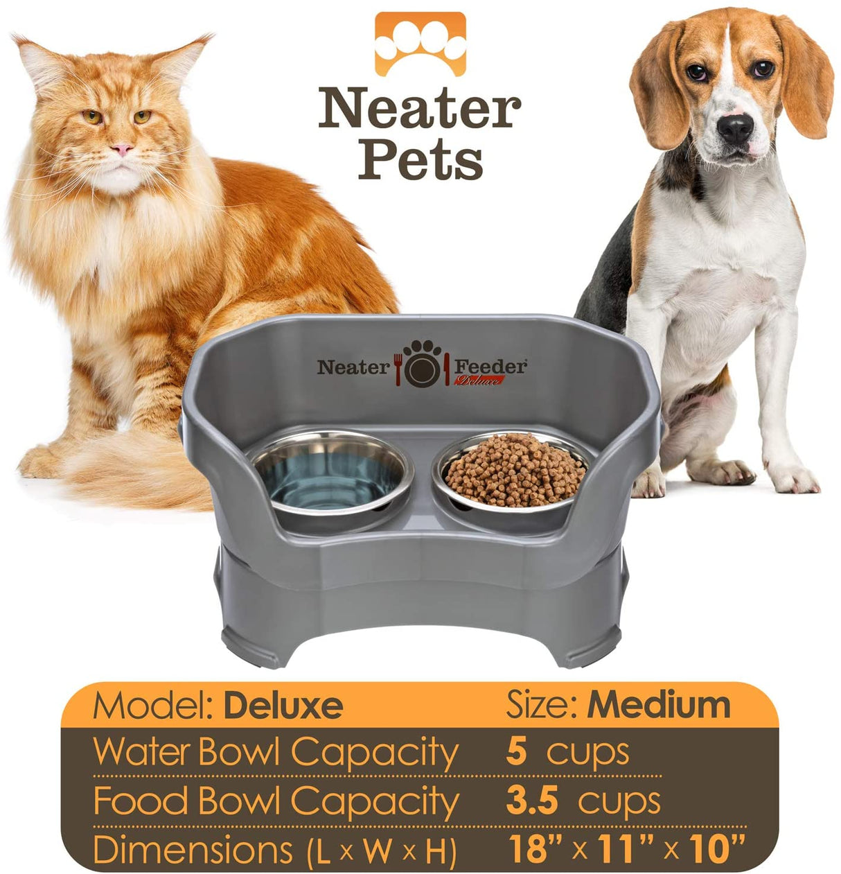A chart displaying the Deluxe medium bowl capacity and dimensions, with a medium-sized dog next to the chart.