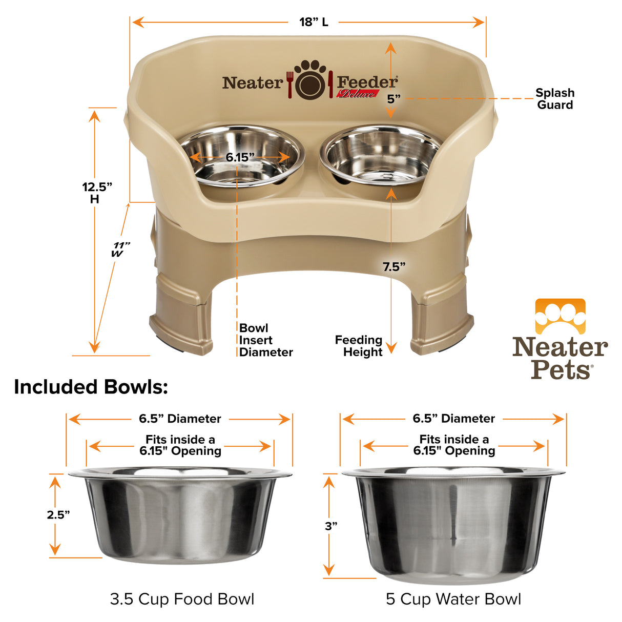 A chart showing the dimensions of the Neater Feeder Deluxe medium with leg extensions as well as the stainless steel bowls against a white background.