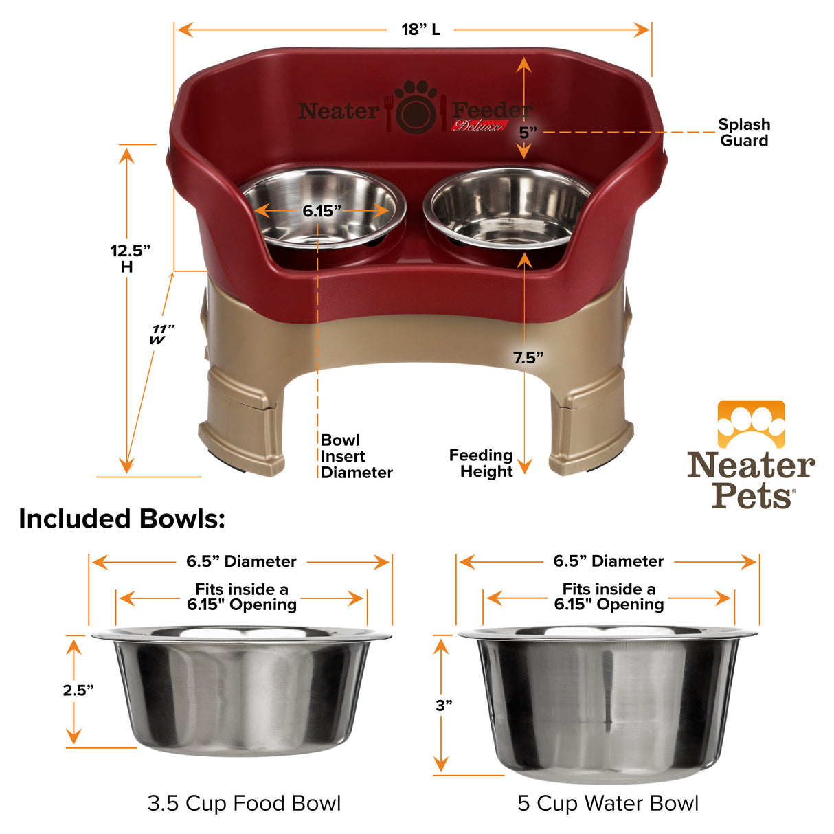 A chart showing the dimensions of the Neater Feeder Deluxe medium  with leg extensions as well as the stainless steel bowls against a white background.