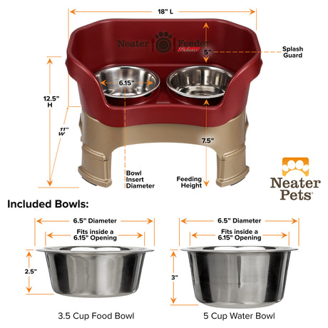 A chart showing the dimensions of the Neater Feeder Deluxe medium  with leg extensions as well as the stainless steel bowls against a white background.