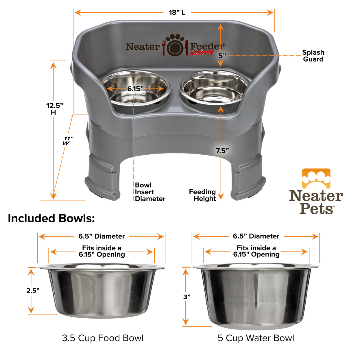 A chart showing the dimensions of the Neater Feeder Deluxe medium  with leg extensions as well as the stainless steel bowls against a white background.