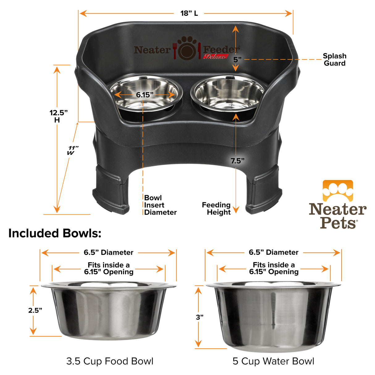 A chart showing the dimensions of the Neater Feeder Deluxe medium  with leg extensions as well as the stainless steel bowls against a white background.