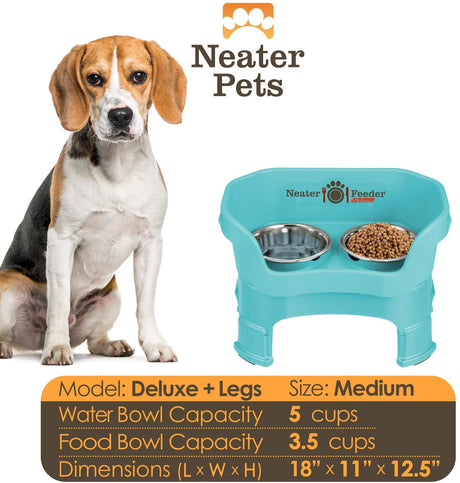 A chart displaying the Deluxe medium with leg extensions bowl capacity and dimensions, with a medium size dog next to the chart.