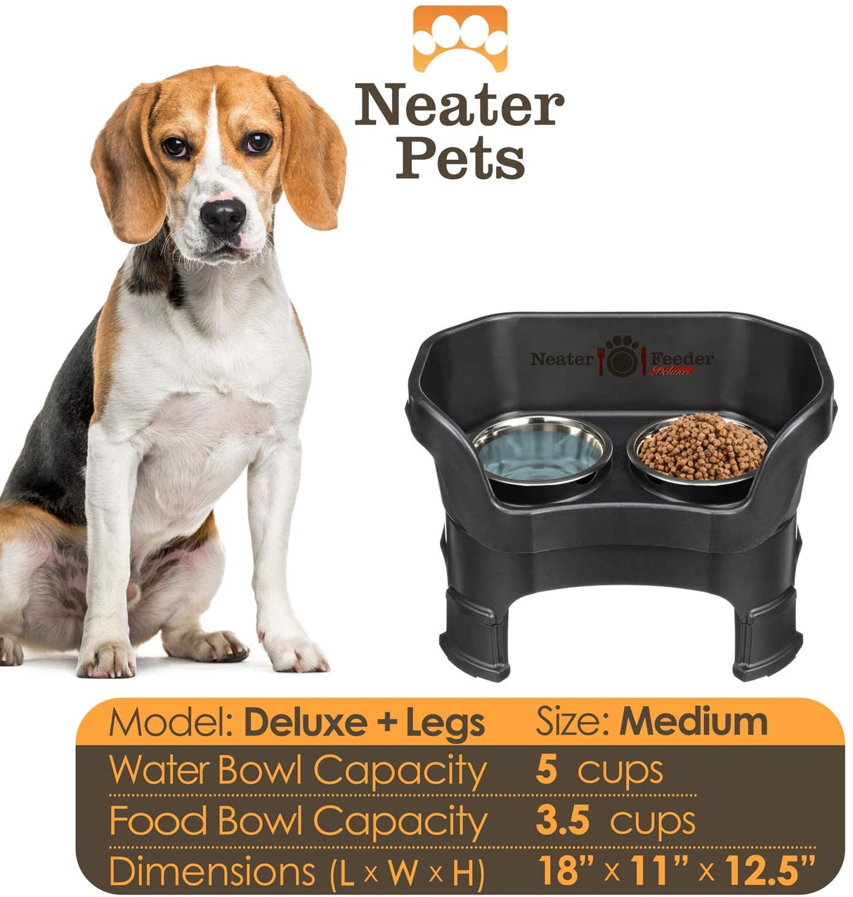 A chart displaying the Deluxe medium with leg extension bowl capacity and dimensions, with a medium-sized dog next to the chart.