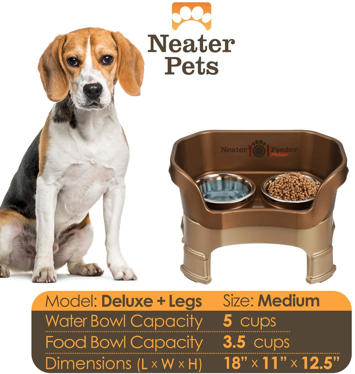 A chart displaying the Deluxe medium with leg extensions bowl capacity and dimensions, with a medium size dog next to the chart.