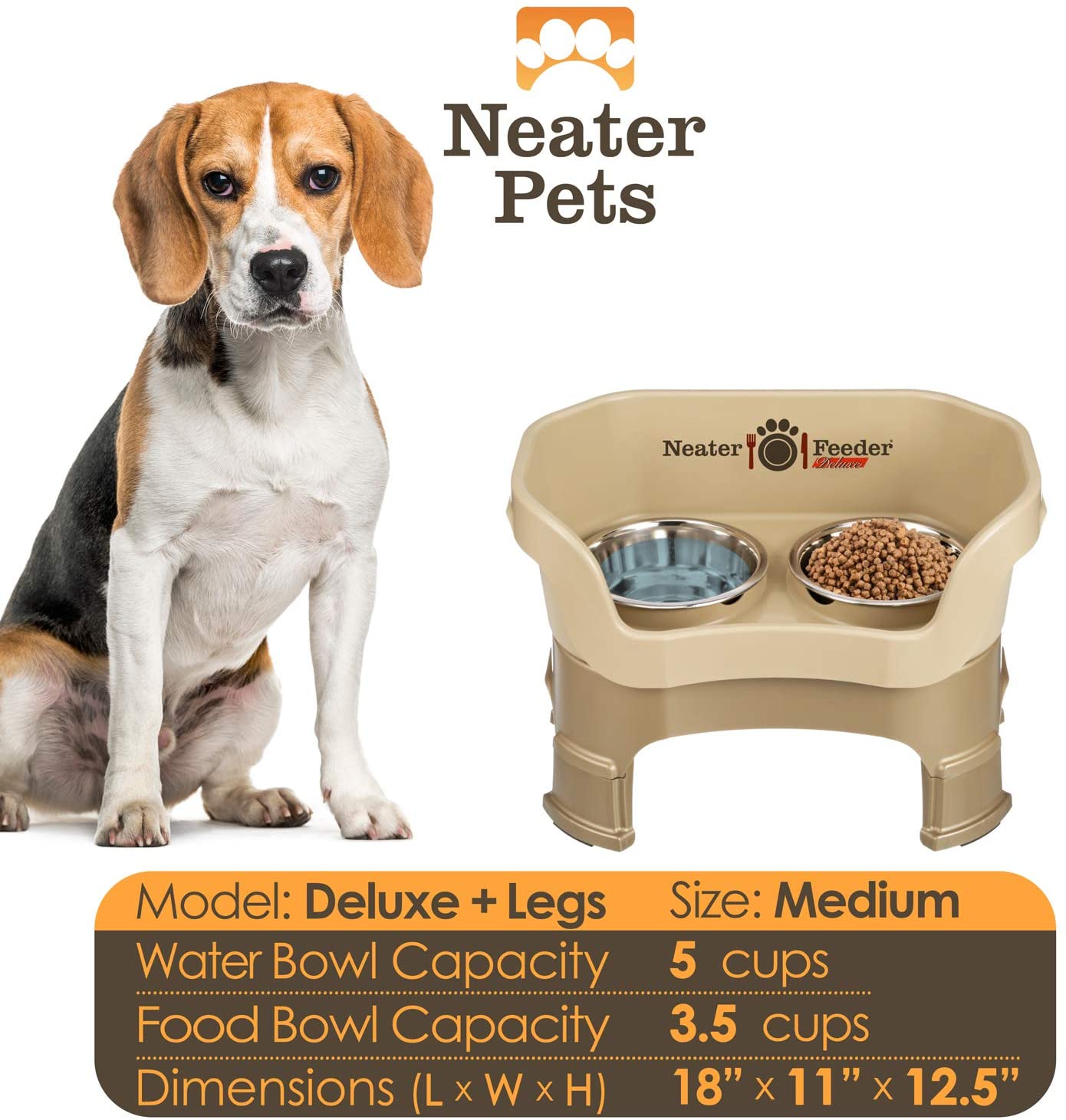 A chart displaying the Deluxe medium with leg extension bowl capacity and dimensions, with a medium-sized dog next to the chart.