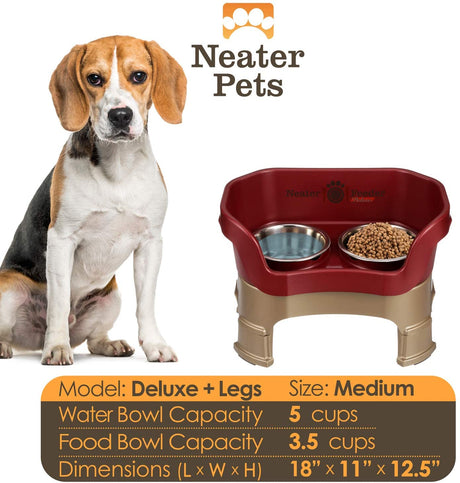 A chart displaying the Deluxe medium with leg extension bowl capacity and dimensions, with a medium-sized dog next to the chart.