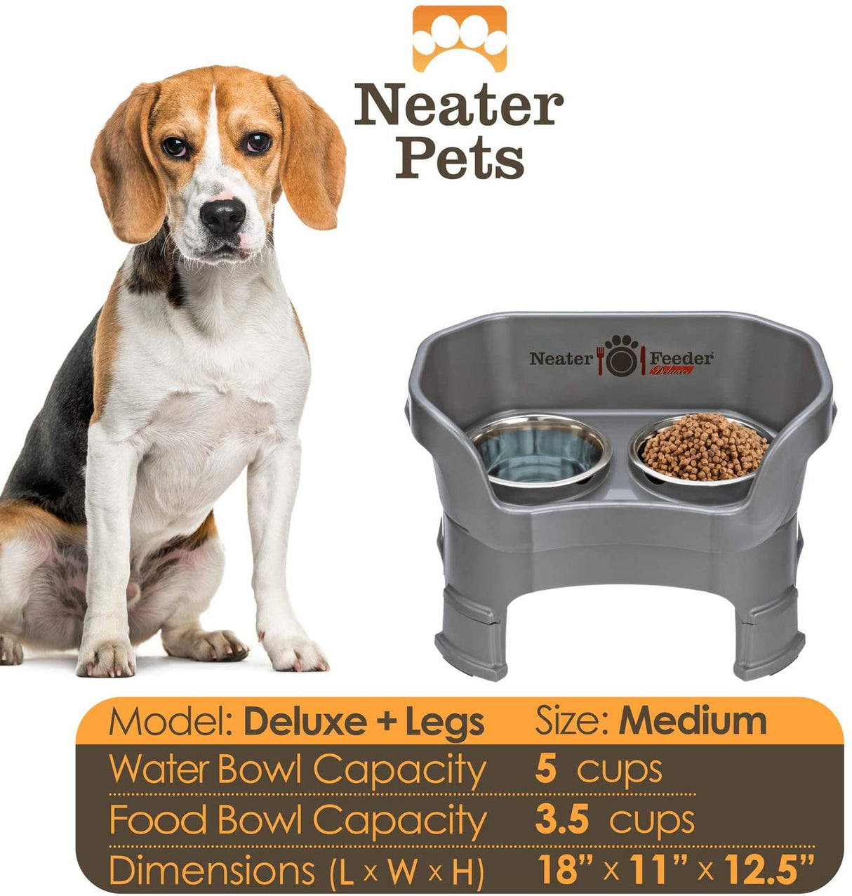 A chart displaying the Deluxe medium with leg extension bowl capacity and dimensions, with a medium-sized dog next to the chart.