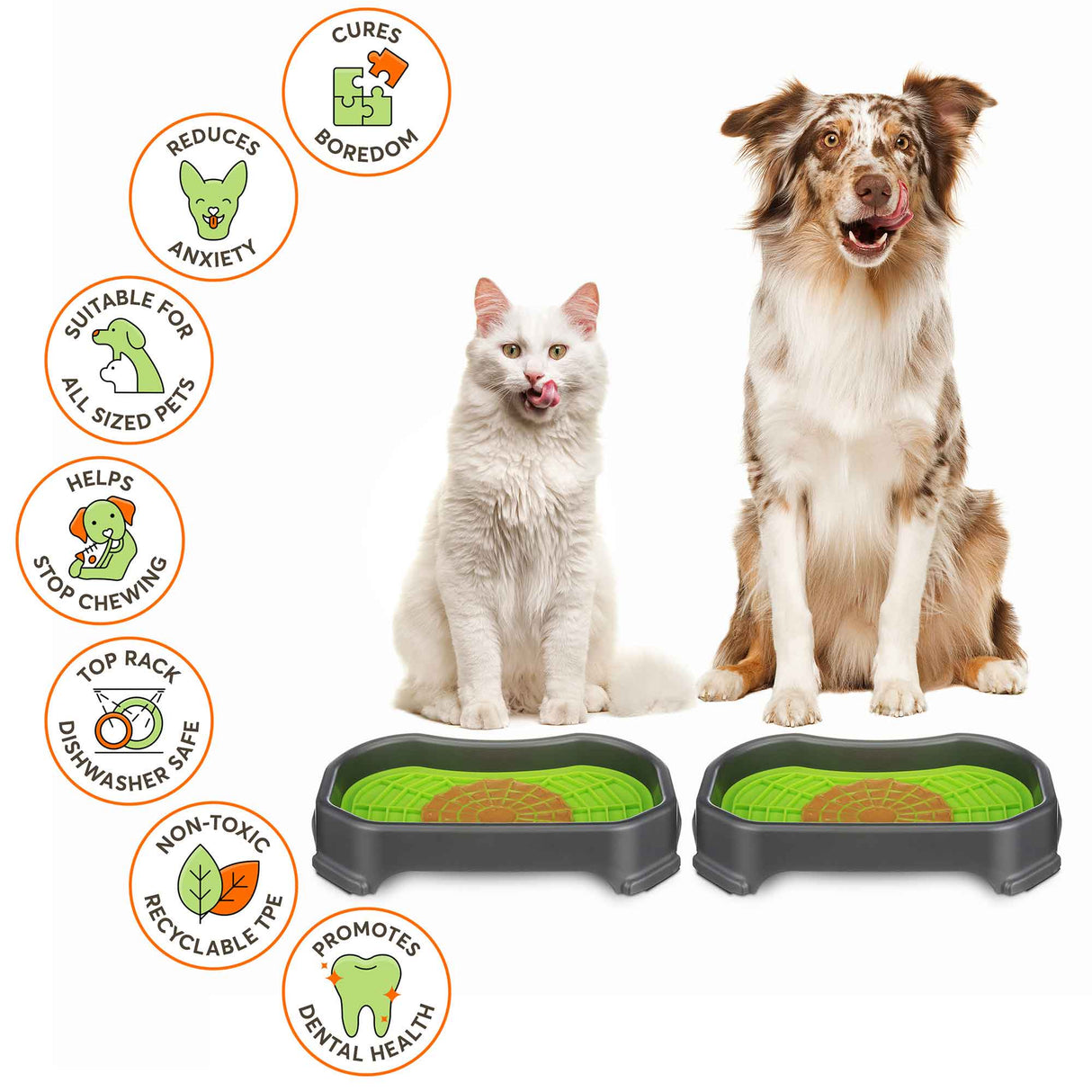 Cat and Dog sitting with the Neat-Lik Mats, explaining the benefits of the mat, which include: cures boredom, reduces anxiety, promotes dental health, and more.