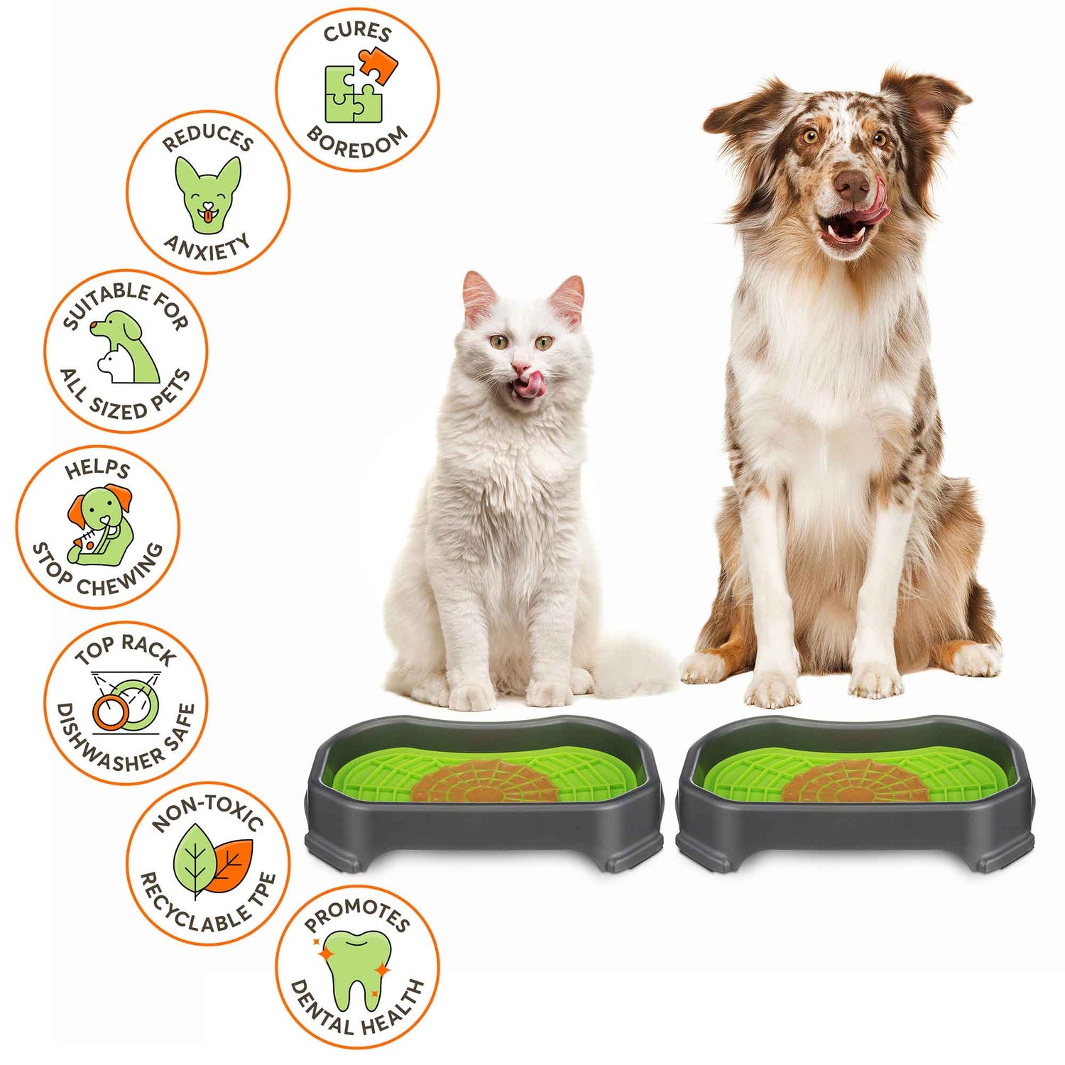 Cat and Dog sitting with the Neat-Lik Mats, explaining the benefits of the mat, which include: cures boredom, reduces anxiety, promotes dental health, and more.