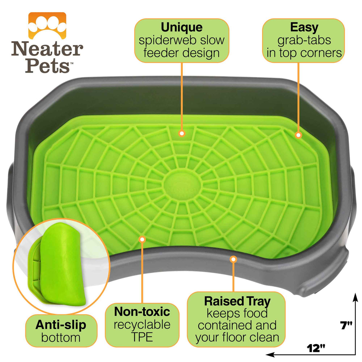Diagram of the Neat-Lik Mat showing the features that consist of: unique spiderweb slow feed design, easy grab tabs, anti-slip bottom, non-toxic, and raised try to keep food contained.