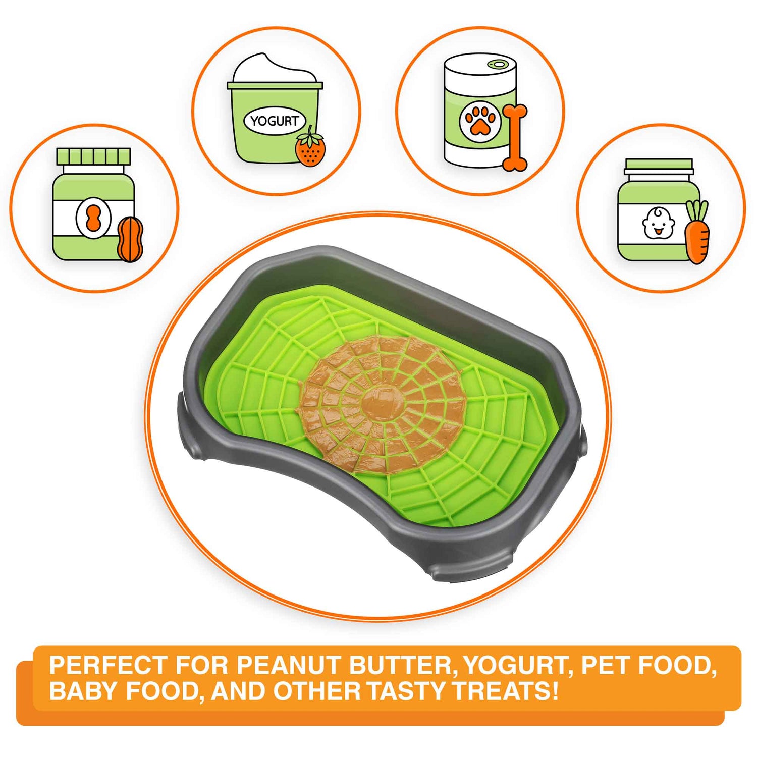 A picture of the Neat-Lik mat inside the protective tray with the text "The Neat-Lik Mat is perfect for peanut butter, yogurt, pet food, baby food and other treats."