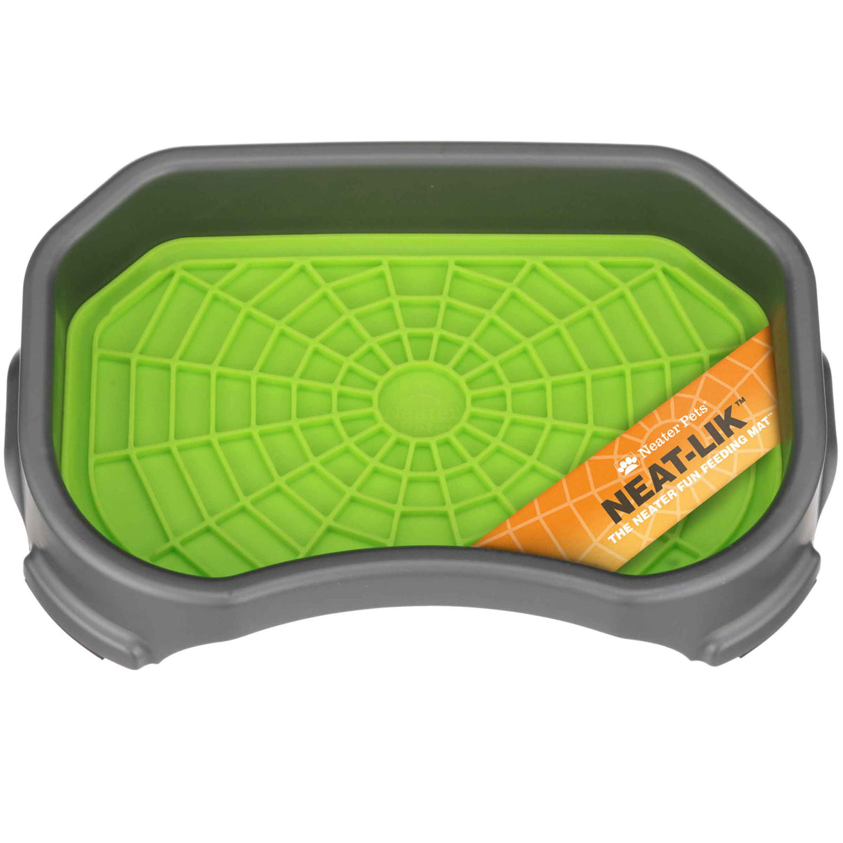 The green Neat-Lik Mat inside the grey protective tray on a white background.