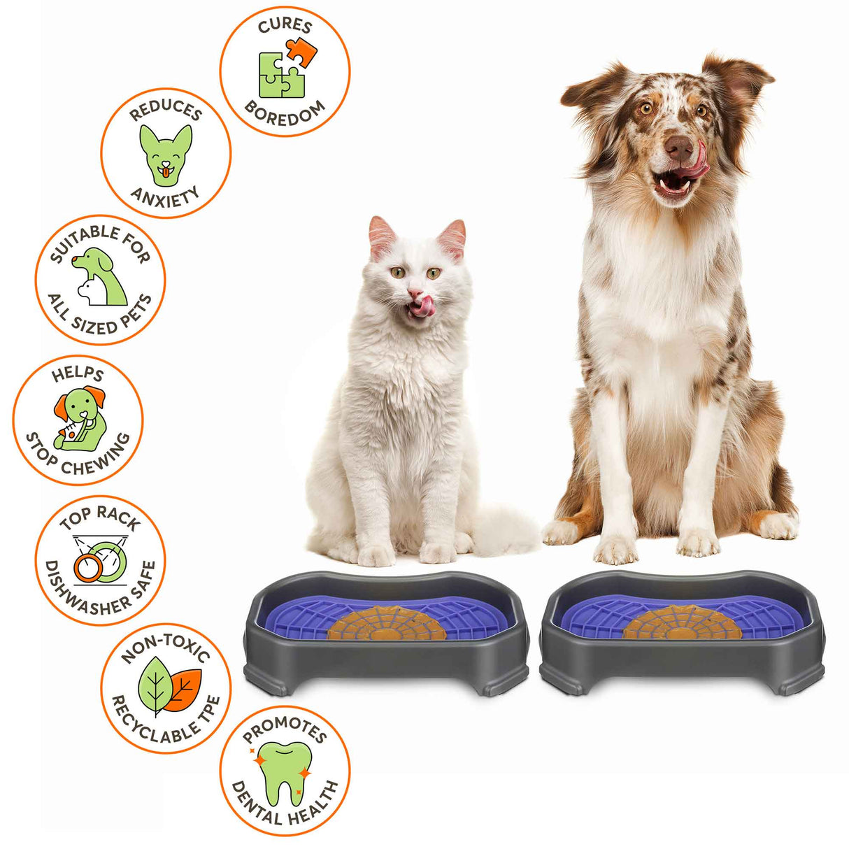 Cat and Dog sitting with the Neat-Lik Mats, explaining the benefits of the mat, which include: cures boredom, reduces anxiety, promotes dental health, and more.