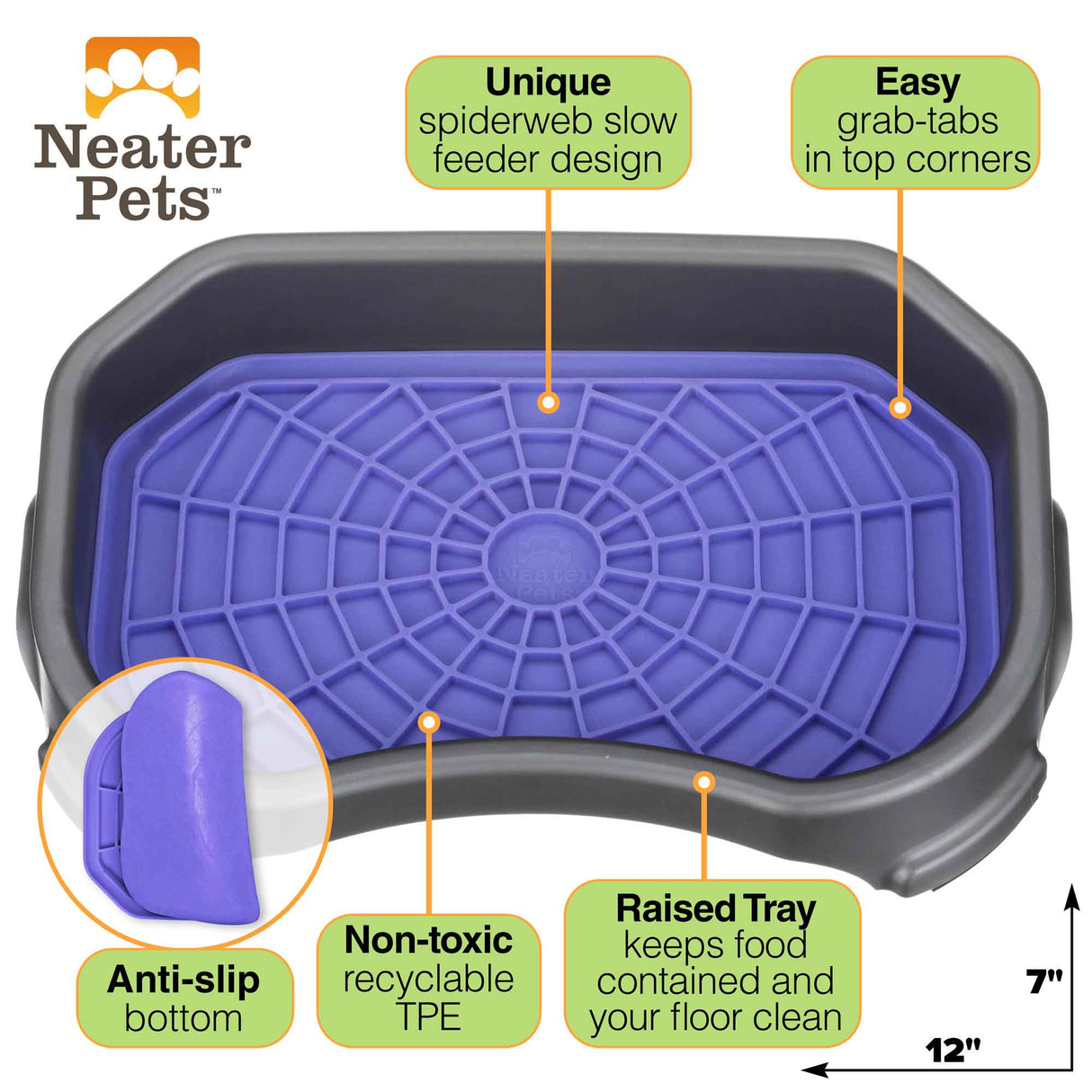 Diagram of the Neat-Lik Mat showing the features that consist of: unique spiderweb slow feed design, easy grab tabs, anti-slip bottom, non-toxic, and raised try to keep food contained.