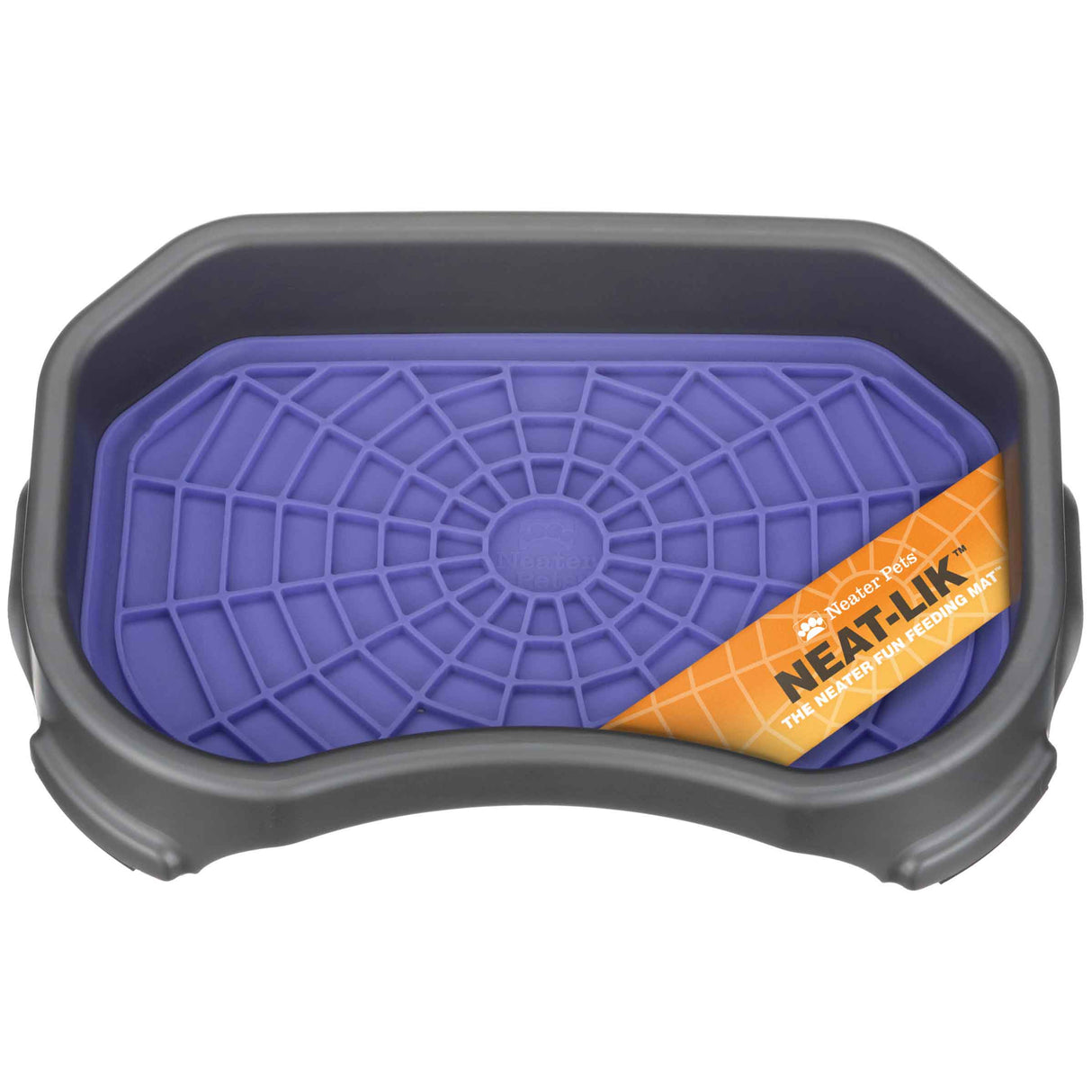 The purple Neat-Lik Mat inside the grey protective tray on a white background.