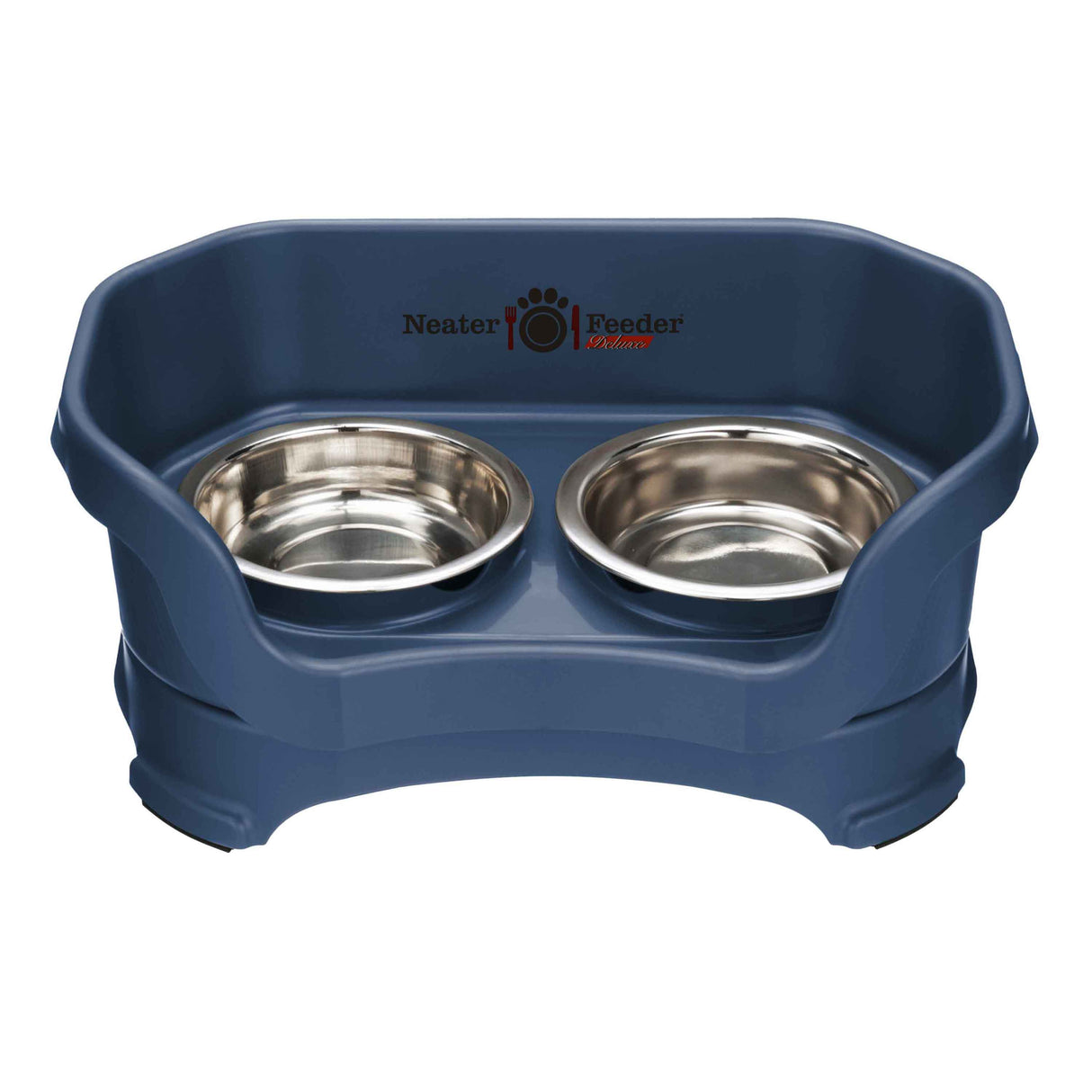 Cat Deluxe Neater Feeder in Dark Blue with two stainless steel bowls against a white background.