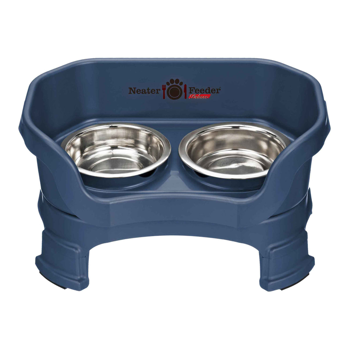 Deluxe cat Neater Feeder with leg extensions in Dark Blue with two stainless steel bowls against a white background.