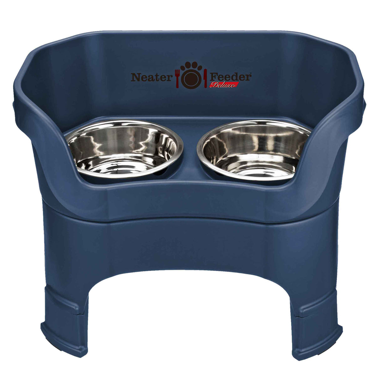 Neater Feeder Deluxe large with leg extensions in Dark Blue with two stainless steel bowls against a white background.